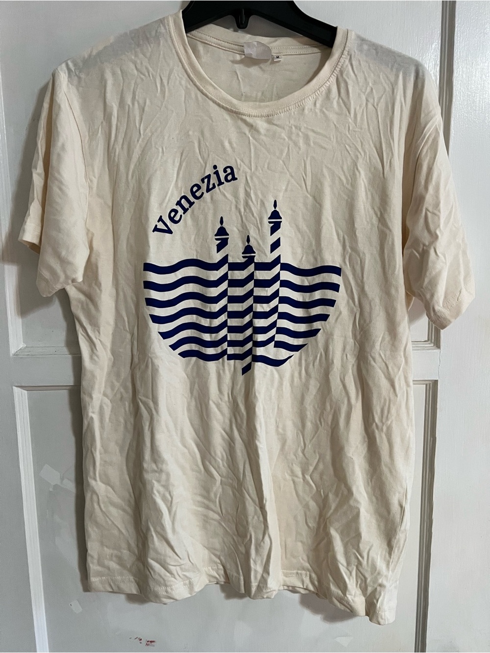 Venezia Graphic Crew Neck T‑Shirt in Cream and Navy